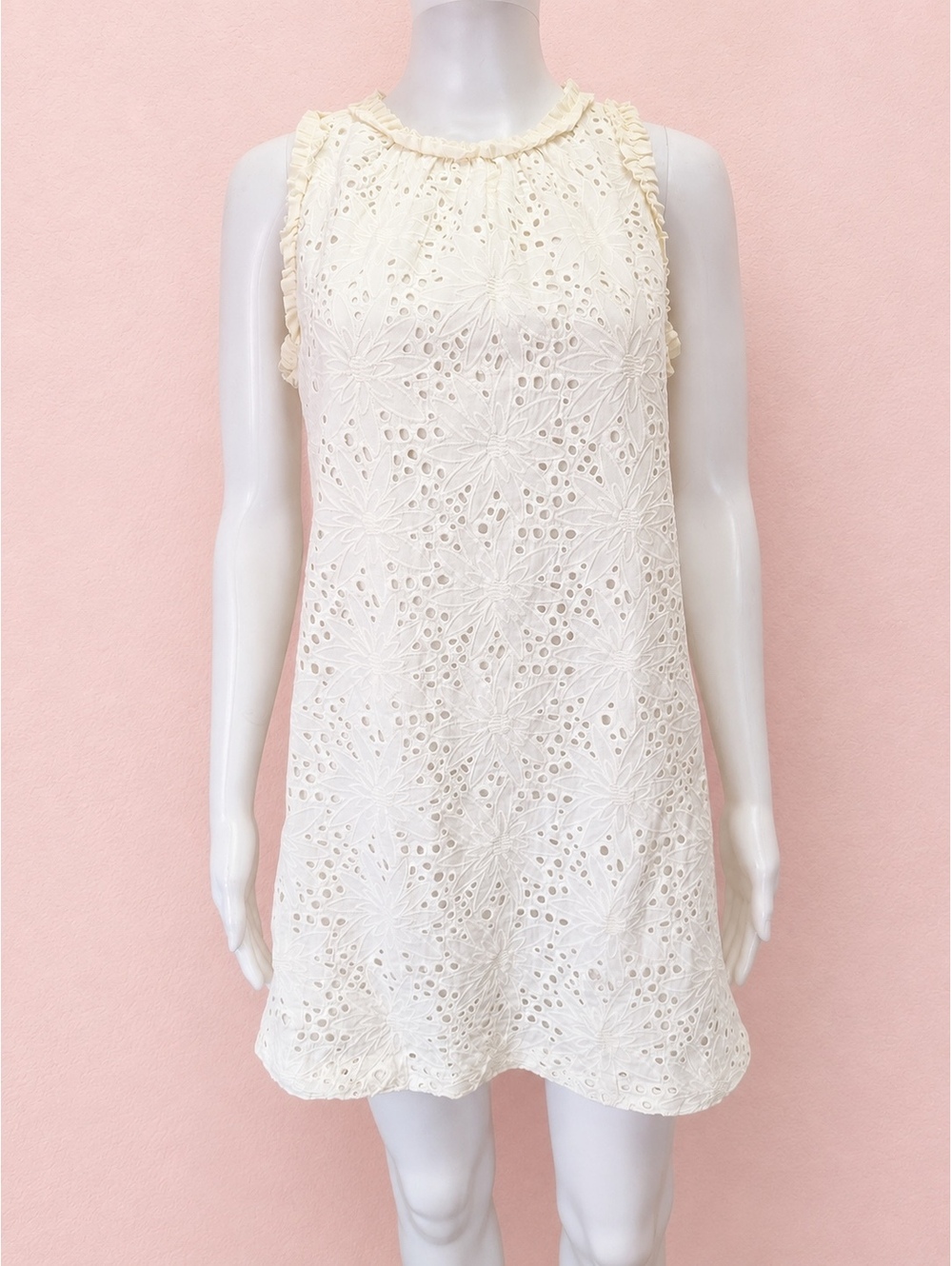 Women’s Sz 6 Milly Of New York Cream Eyelet Shift Mini Dress Cut Out Sleeveless